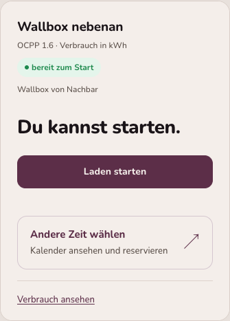 Stromnachbar-Ladeansicht: Du kannst starten, Laden starten und Andere Zeit wählen